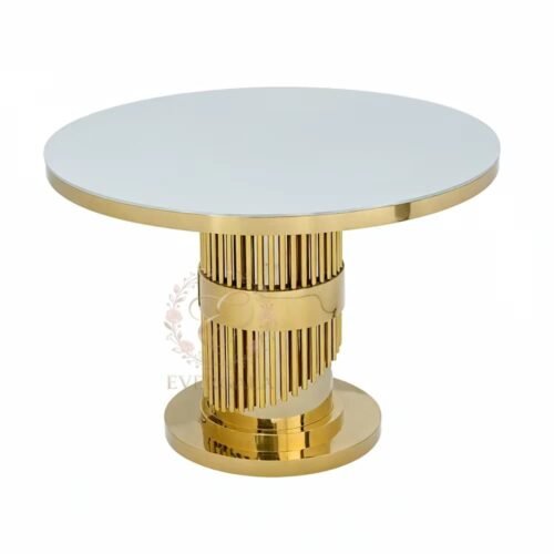 Luxury white round wedding table featuring a gold stainless steel fluted pedestal, commercial grade banquet furniture for wedding reception centerpieces, bespoke project supply by EverGala.