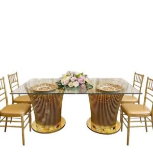 Luxury event furniture featuring a tempered glass top and gold PVD coating bird's nest style legs, high-end wedding decor for hotel ballroom, bespoke project supply by EverGala.