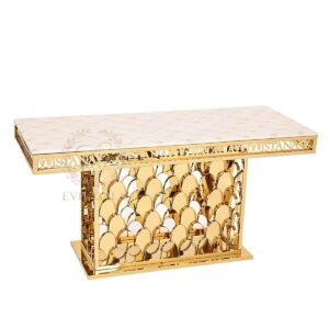 Luxury wedding table decor featuring a diamond quilted stone top and gold stainless steel fish scale base, wholesale event furniture for reception centerpieces, premium supply by EverGala.