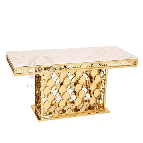 evergala-8-10-seater-rectangular-banquet-table-gold-scalloped-base (1) Luxury wedding table decor featuring a diamond quilted stone top and gold stainless steel fish scale base, wholesale event furniture for reception centerpieces, premium supply by EverGala.