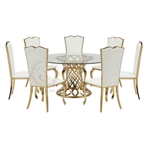 Luxury wedding table featuring a customized round top and gold lattice pedestal, commercial grade furniture for wedding reception centerpieces, Foshan manufacturer by EverGala.