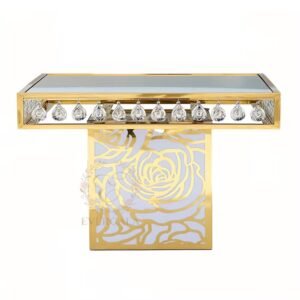 Luxury gold stainless steel banquet tables featuring a square glass top and filigree carving legs, high-end event design for glamorous wedding tables, bespoke project furniture supplier by EverGala.