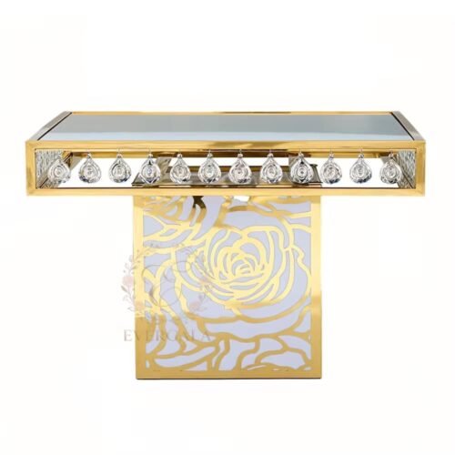 Luxury gold stainless steel banquet tables featuring a square glass top and filigree carving legs, high-end event design for glamorous wedding tables, bespoke project furniture supplier by EverGala.