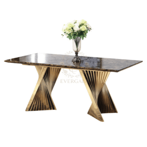 Wholesale luxury wedding table featuring a geometric gold stainless steel folding fan-style base, modern glass dining table for elegant banquet venues.