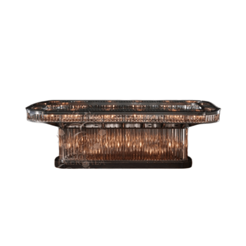 Modern banquet furniture featuring an oval tempered glass top and illuminated acrylic pedestal with gold PVD coating base, high-end wedding decor from Foshan supplier.