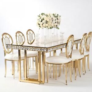 High-end wedding furniture featuring a rectangular glass top and rhinestone inlay gold stainless steel frame, commercial grade banquet decor from China supplier, bespoke event design.