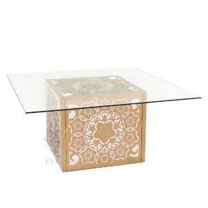 Luxury wedding reception table featuring a gold stainless steel hollow-out carved base, commercial grade banquet furniture for glamorous wedding centerpieces, bespoke event decor by EverGala.