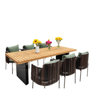 Complete outdoor wood catering furniture set with long table and rustic chairs, designer quality for hotel patio and garden events.