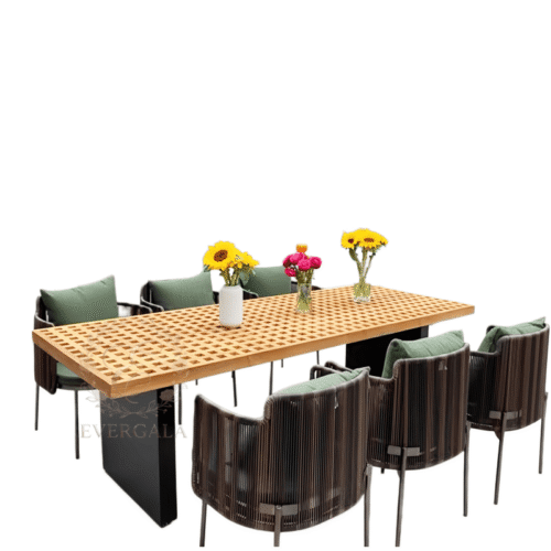 Complete outdoor wood catering furniture set with long table and rustic chairs, designer quality for hotel patio and garden events.