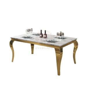 Luxury gold stainless steel event furniture featuring a rectangular white marble top and vintage ornate curved legs, high-end event decor supply from Foshan factory.