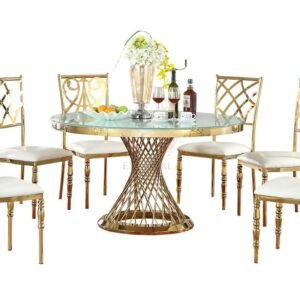 Luxury black glass top event table featuring a PVD coating gold lattice base, modern wedding furniture from Foshan manufacturer, commercial grade.