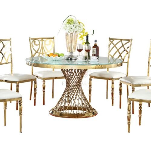Luxury black glass top event table featuring a PVD coating gold lattice base, modern wedding furniture from Foshan manufacturer, commercial grade.
