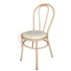 Elegant gold stainless steel wedding chair featuring an Art Deco inspired fan-shaped laser-cut backrest for luxury event decor