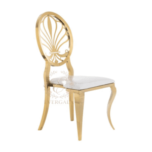 Unique Art Deco style fan-shaped laser-cut backrest stainless steel banquet chair in a luxurious gold finish.