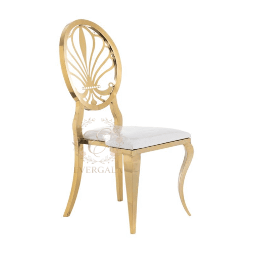 Unique Art Deco style fan-shaped laser-cut backrest stainless steel banquet chair in a luxurious gold finish.