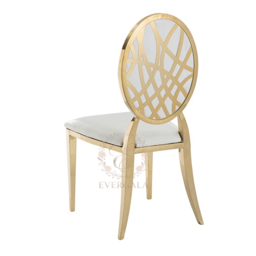 Elegant gold stainless steel banquet chair with a delicate feather/wheat pattern laser-cut backrest, ideal for garden-style wedding ceremonies