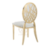 Elegant gold stainless steel banquet chair with a delicate feather/wheat pattern laser-cut backrest, ideal for garden-style wedding ceremonies