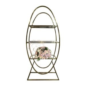 Versatile wine rack that doubles as a floral stand, featuring a delicate gold metal frame. Ideal for romantic weddings, bridal showers and garden-themed events.
