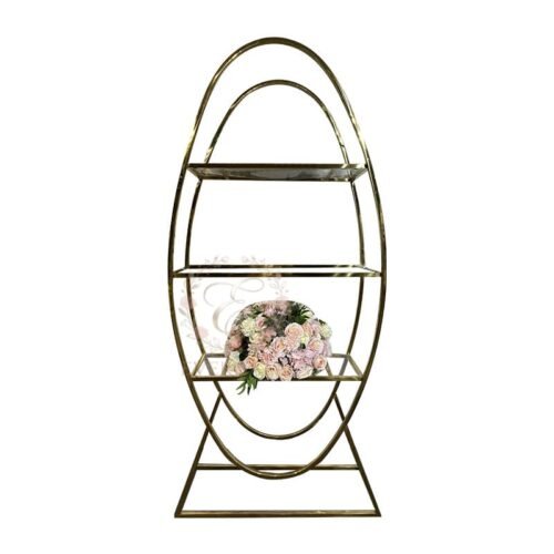 Versatile wine rack that doubles as a floral stand, featuring a delicate gold metal frame. Ideal for romantic weddings, bridal showers and garden-themed events.