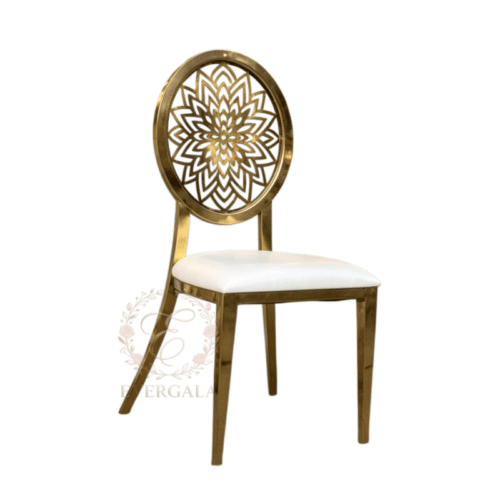 Luxury gold stainless steel wedding chair featuring a floral filigree laser-cut circular backrest for high-end events