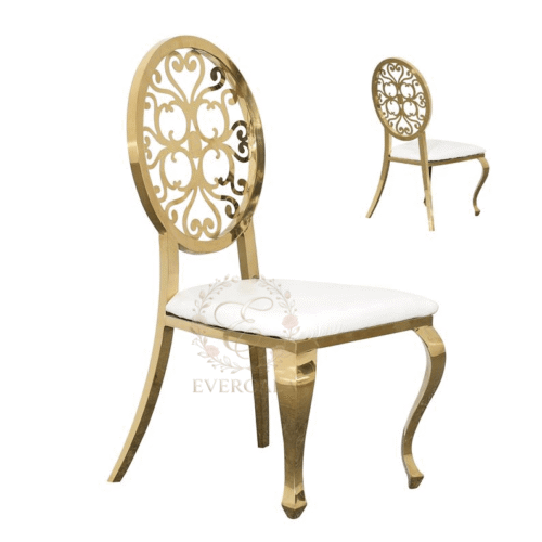 Intricate gold lattice pattern laser-cut backrest on a heavy-duty stainless steel wedding chair, ideal for luxury venues.
