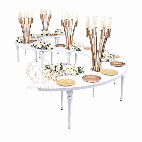 french-provincial-white-curved-banquet-table (1) EverGala white French provincial curved banquet table with ornamental legs and smooth finish, perfect as a luxury wedding head table or flexible event furniture for upscale hotel ballrooms.