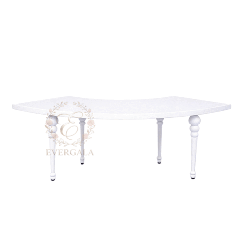 EverGala white French provincial curved banquet table with ornamental legs and smooth finish, perfect as a luxury wedding head table or flexible event furniture for upscale hotel ballrooms.