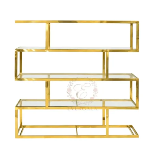 Contemporary wine rack with a clean geometric grid design in polished gold metal. Ideal for modern weddings, corporate events and minimalist-themed parties.