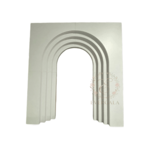 Geometric white 3D backdrop wall with layered arch design for modern light luxury wedding decor