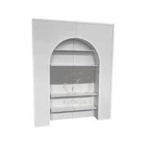 Elegant arched wine rack with multiple tiers, crafted from premium gold metal. Ideal for displaying wine bottles, glasses and decor at wedding receptions, banquets and corporate events.