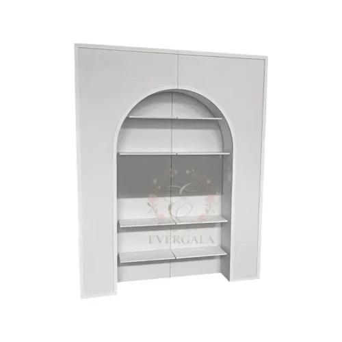 Elegant arched wine rack with multiple tiers, crafted from premium gold metal. Ideal for displaying wine bottles, glasses and decor at wedding receptions, banquets and corporate events.
