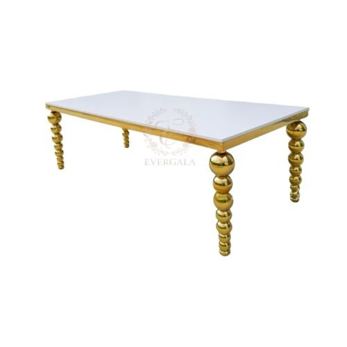 Modern rectangular dining table with gold ball-shaped stainless steel legs, luxury wedding banquet furniture from Foshan manufacturer.