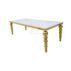 Modern rectangular dining table with gold ball-shaped stainless steel legs, luxury wedding banquet furniture from Foshan manufacturer.