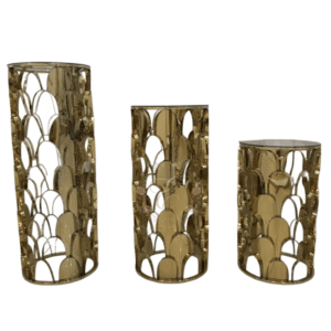 Elaborate gold stainless steel flower stand with intricate carved patterns for palace style weddings
