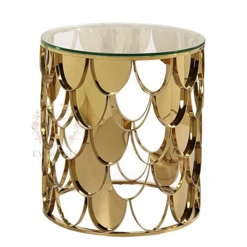 gold-fish-scale-pattern-cake-table-luxury (1) Wholesale gold stainless steel cake table featuring a decorative scalloped fish scale design