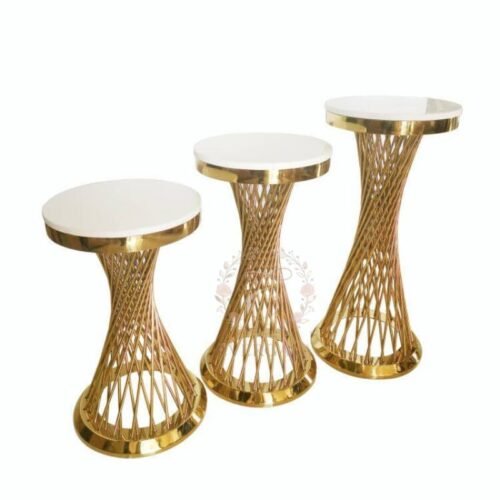 Elegant hourglass shaped gold stainless steel flower stand with crystal accents for wedding centerpieces