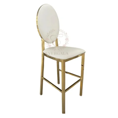 Elegant bar stool with a stunning rose-shaped cutout gold backrest, crafted from premium stainless steel. Features a plush white cushion seat, perfect for wedding receptions, banquet bars, gala dinners and luxury event venues. Sturdy, stackable and easy to clean for commercial use.