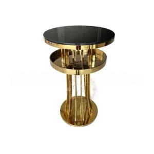 Elegant high cocktail table with a striking gold spiral metal base, crafted from premium stainless steel. Perfect for wedding receptions, cocktail hours, gala dinners and upscale event venues. Sturdy and decorative.