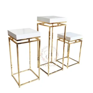 Set of 3 modern square gold stainless steel wedding flower stands for aisle and stage decor
