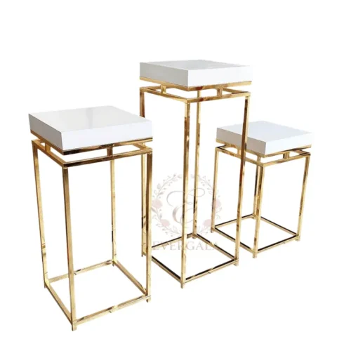 Set of 3 modern square gold stainless steel wedding flower stands for aisle and stage decor