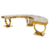 EverGala luxury gold stainless steel curved VIP table with unique circular hollow base and glass top, designed for modular serpentine banquet layouts in upscale weddings and premium events.