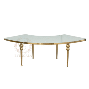 EverGala elegant gold stainless steel curved VIP table with black glass top, designed to combine into large circular or serpentine banquet tables for luxury wedding receptions and gala events.