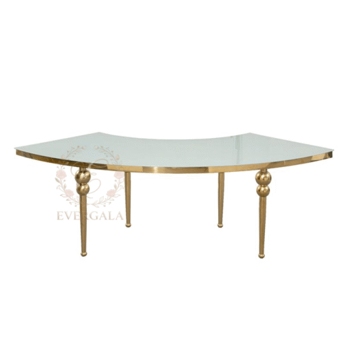 gold-stainless-steel-curved-vip-banquet-table (1) EverGala elegant gold stainless steel curved VIP table with black glass top, designed to combine into large circular or serpentine banquet tables for luxury wedding receptions and gala events.