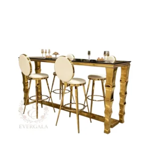 Elegant gold stainless steel wedding bar table with white marble top and matching stools