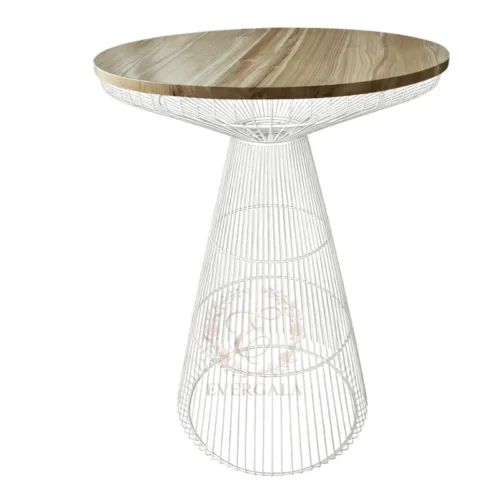 Unique cocktail table with a delicate gold wire cone base and a marble-effect round top. Perfect for bohemian weddings, garden parties, bridal showers and stylish event spaces.