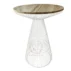 Unique cocktail table with a delicate gold wire cone base and a marble-effect round top. Perfect for bohemian weddings, garden parties, bridal showers and stylish event spaces.