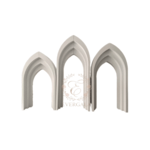 Dramatic gothic cathedral inspired multi-arch backdrop wall for themed wedding ceremony stage