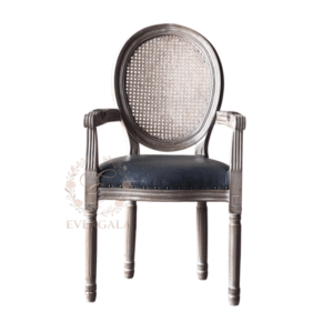 Modern grey leather wedding chair featuring a natural rattan backrest and wood frame for lvintage banquet seating.