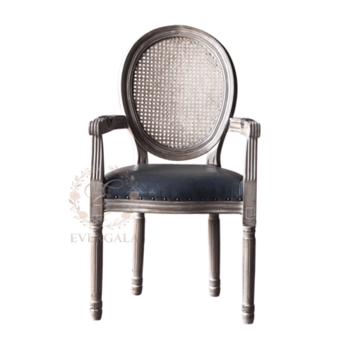 Modern grey leather wedding chair featuring a natural rattan backrest and wood frame for lvintage banquet seating.