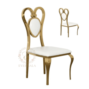 Romantic gold stainless steel event chair featuring a unique heart-shaped laser-cut backrest design, ideal for bridal showers and weddings